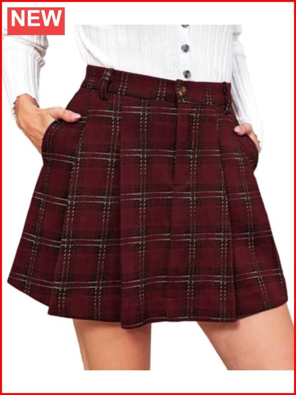 Plaid Pleated Mini Skirt High Waist A-Line with Pockets